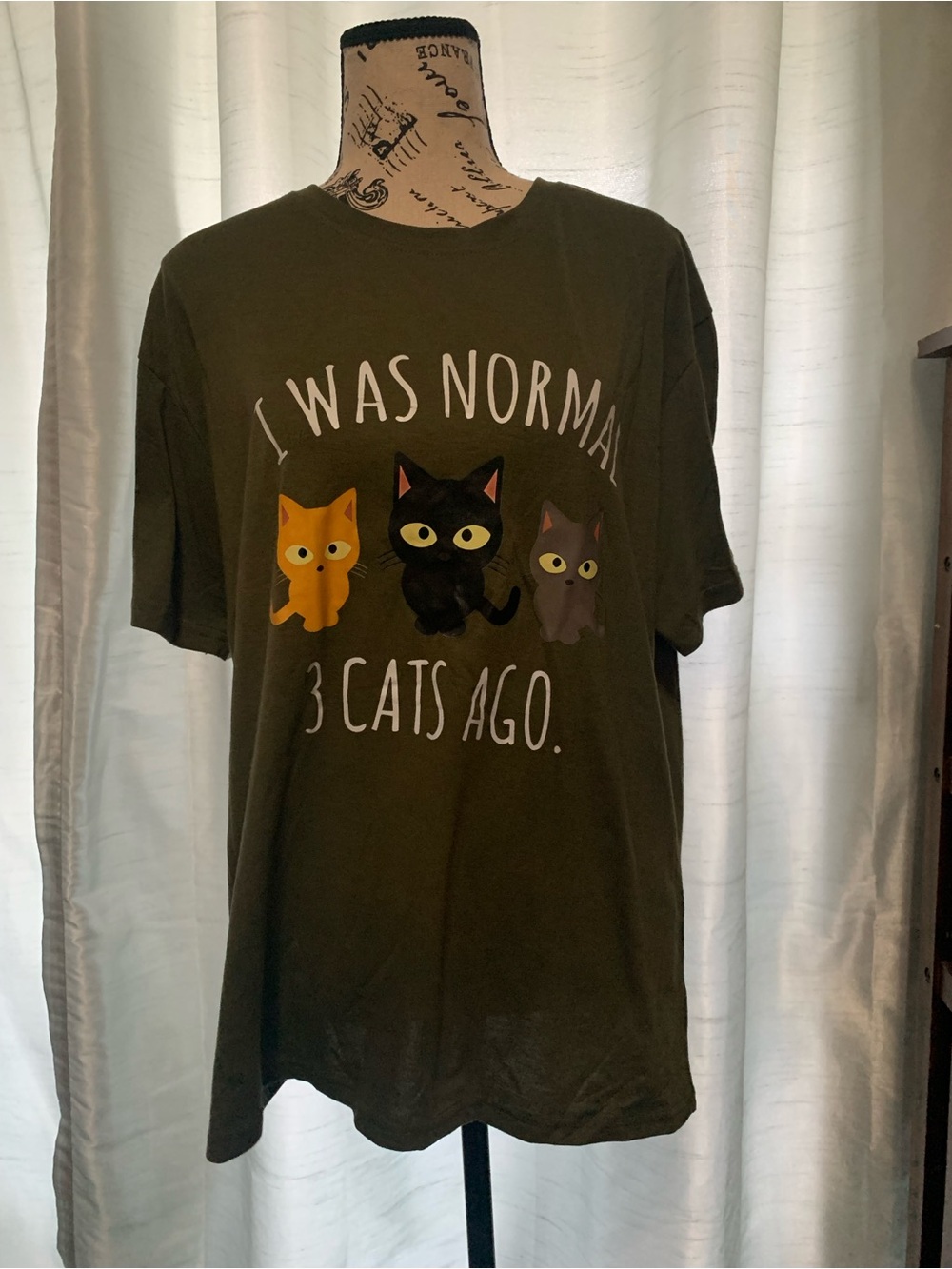 Olive Green "I Was Normal 3 Cats Ago" Cat Graphic T-Shirt